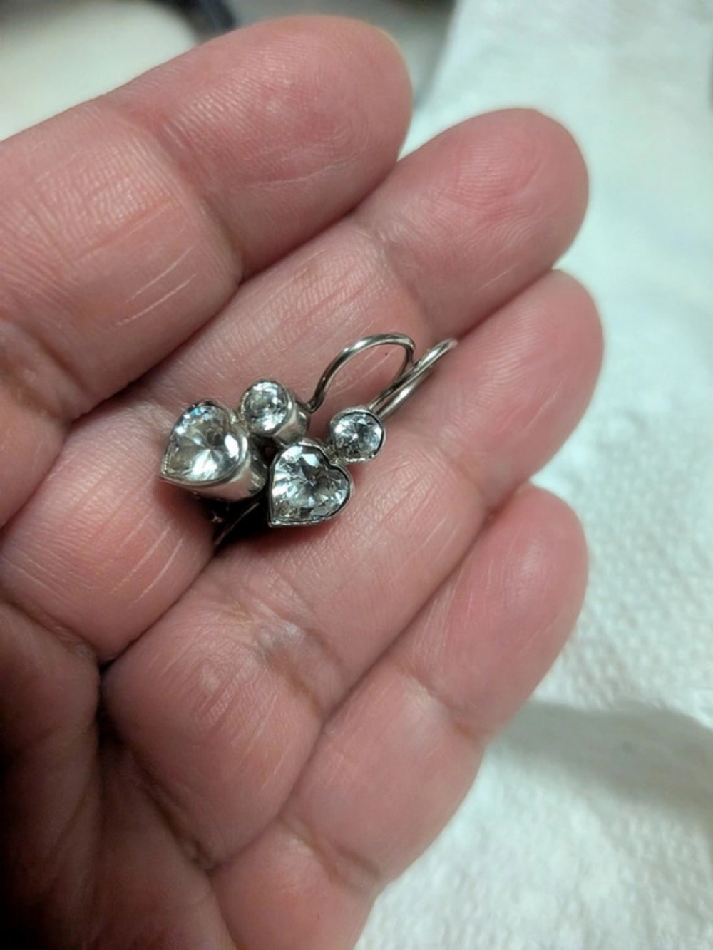 Vintage Tested Sterling Silver Heart & Round CZ Drop Earrings Unmarked
